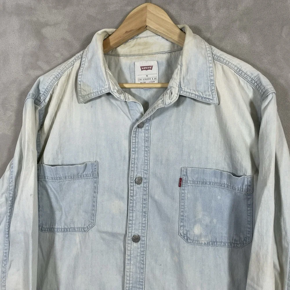 Vintage Levis Shirt Mens XL Blue Denim Jean Metal Button Up Faded Utility Work